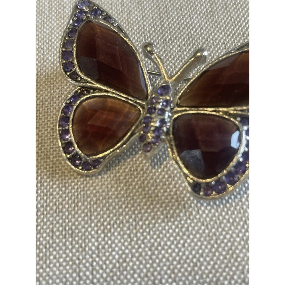 Vintage Butterfly Brooch Purple Rhinestone Maroon Glass Silver Tone Pin